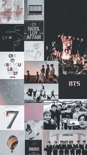 BTS 音樂專輯拼貼，包含各種風格和顏色的照片和文字藝術。