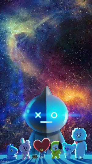 卡通人物聚集在一個發光的宇宙人物前，背景是星光燦爛的星雲。