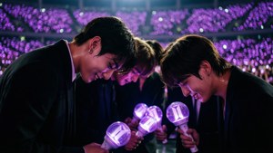 三位K-pop偶像在夜晚向手持紫色螢光棒的粉絲鞠躬。