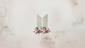 BTS 標誌，帶有紅色和白色的花朵，置於有紋理的米色背景上。