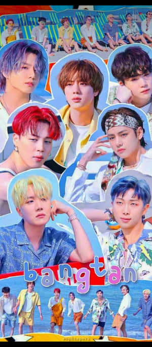 BTS成員穿著夏日服裝，在沙灘和泳池邊擺姿勢的充滿活力的拼貼畫。