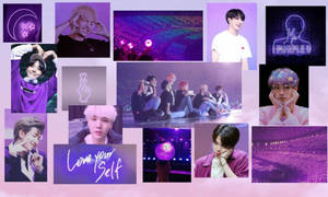 紫色主題 K-pop 偶像拼貼畫，包含演唱會照片和霓虹圖形。
