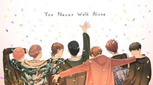 七個動漫角色背對背站立，在飄落的五彩紙屑中，文字寫著 You Never Walk Alone。