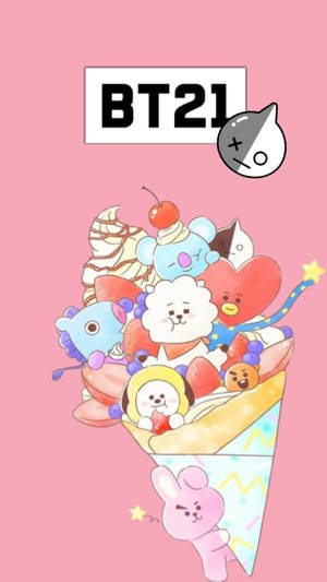 BT21角色堆疊在一個巨大的冰淇淋甜筒中，上面有櫻桃。 — 雪糕 壁紙