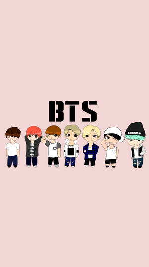 七個Q版BTS成員穿著休閒服裝在粉紅色背景上，帶有「BTS」文字。 — 粉紅動漫美學 壁紙