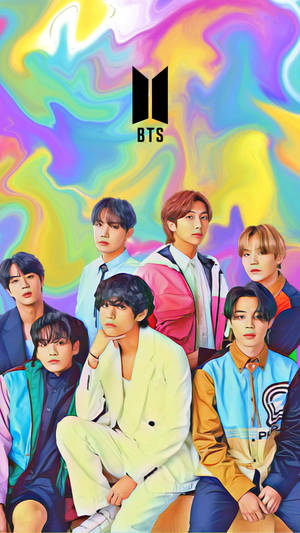 BTS 樂團成員穿著色彩繽紛的服裝，站在旋轉的彩虹背景前。