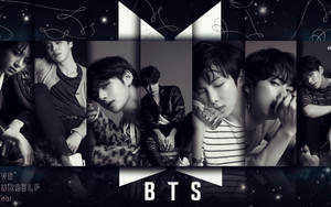 BTS 成員的黑白肖像，帶有宇宙背景和幾何設計。