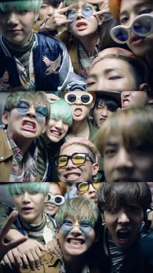 K-pop 團體以彩色頭髮和太陽眼鏡在俏皮的拼貼畫中擺姿勢。