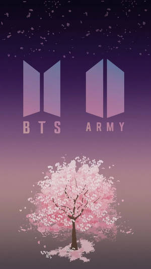 漸變紫色天空下BTS Army標誌下的櫻花樹
