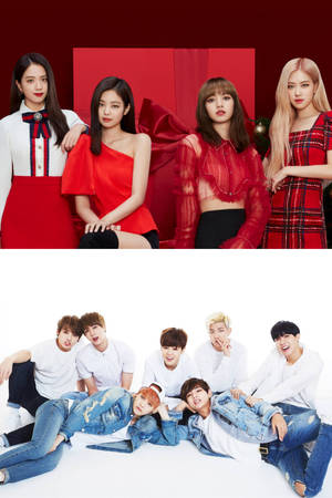 K-pop 女團穿紅色和男團穿白色牛仔褲為拍攝擺姿勢 — 紅黑 壁紙