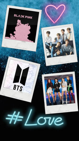 K-pop團體BTS和BLACKPINK的寶麗來照片，星空背景上有霓虹心形和標籤愛。 — 可愛黑色動圖 壁紙