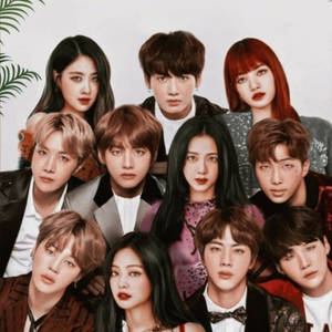 九位K-pop偶像穿著時尚服裝，在棕櫚葉點綴下為工作室肖像擺姿勢。 — 黑白藝術 壁紙
