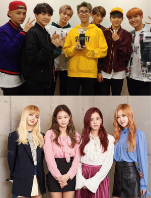 K-pop男團和女團身穿時尚服裝在素色牆前擺姿勢拍照。 — 防彈少年團 合照 壁紙