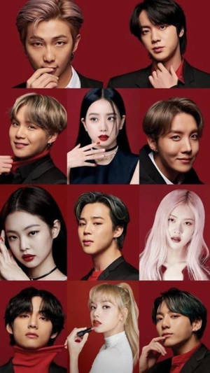 九位K-pop偶像著住時尚服裝喺紅色背景前擺甫士。 — 可愛的防彈少年團 壁紙