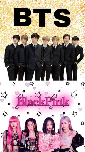 BTS 和 BlackPink 穿著時尚服裝，站在帶有星星和心形的閃爍背景前。 — 黑金 壁紙
