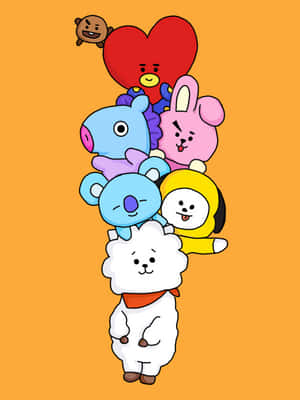 橙色背景上的BT21卡通角色堆疊