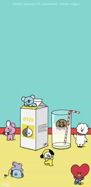 BT21角色聚集在一個帶有吸管的牛奶盒和玻璃杯周圍。 — BTS 美學 壁紙
