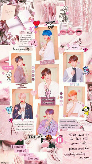 Bangtan Boys照片與心形、語錄和卡通角色的粉紅色拼貼。 — BTS 美學 壁紙