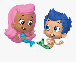 兩個微笑的卡通人魚小孩與泡泡一起游泳