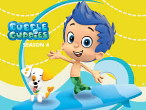 卡通男孩和狗在藍色板上衝浪，帶有「Bubble Guppies Season 4」標誌。