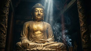 寺廟中的金色佛像，陽光和香煙