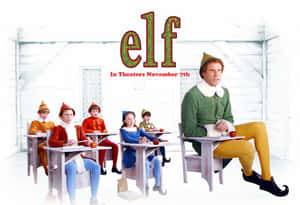 Buddy the Elf 在課室裡教導穿著精靈服裝的孩子們，為電影《精靈》而設。
