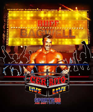 摔角手 Buff Bagwell 在明亮招牌下的擂台上，伴隨著歡呼的人群剪影。 — 摔角 GIF 壁紙