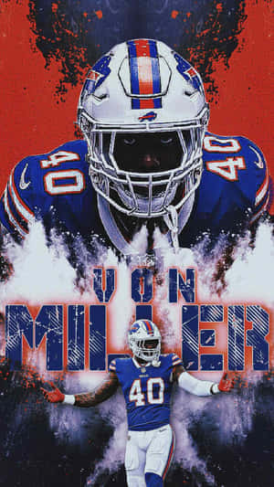 馮·米勒身穿水牛城比爾隊服，衝破粉塵，背景為強烈的紅色和藍色。