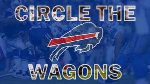 水牛城比爾隊標誌，上面有 'CIRCLE THE WAGONS' 文字，背景是足球運動員。