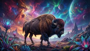 一頭野牛在夢幻般的外星世界，有色彩繽紛的發光植物和宇宙天空。