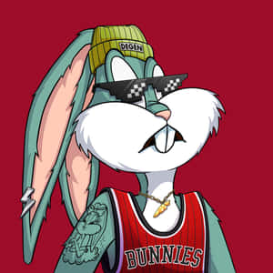 卡通兔仔戴著太陽眼鏡和印有 'BUNNIES' 字樣的紅色球衣。 — 賓尼兔 GIF 壁紙