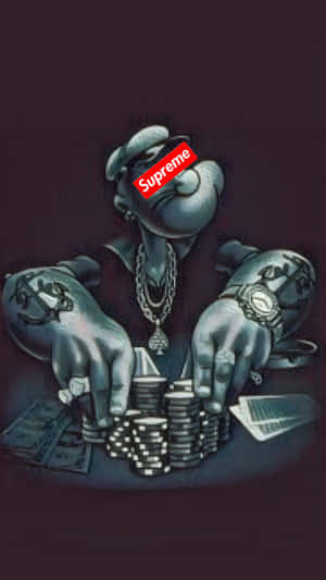 卡通人物，臉部是Supreme標誌，在桌子上堆疊籌碼。 — 兔子 壁紙