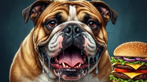 一隻流口水的鬥牛犬盯著一個帶芝麻麵包的大芝士漢堡