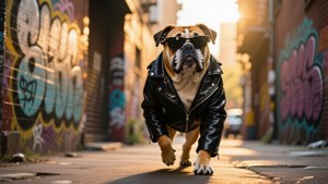 一隻戴著太陽眼鏡和皮褸的鬥牛犬在日落時分走在塗鴉小巷中。