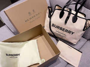 Burberry 手提袋連盒子和防塵袋在灰色沙發上