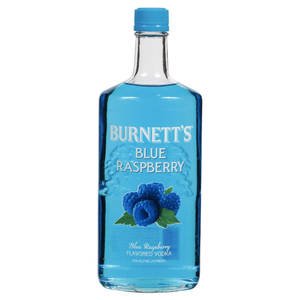 Burnett's藍莓味伏特加瓶，帶有藍色液體和藍莓圖案。