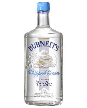 一瓶帶有藍色瓶蓋和忌廉標籤的Burnett's Whipped Cream Flavoured Vodka。