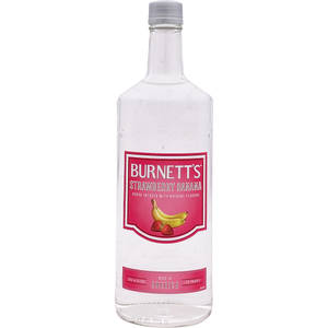 一瓶帶有粉紅色標籤的 Burnett's Strawberry Banana 伏特加。
