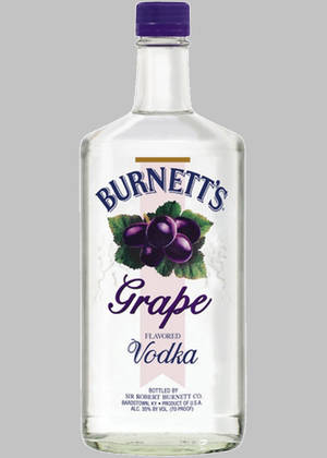 一瓶帶有紫色瓶蓋和葡萄插圖的Burnett's Grape Flavored Vodka。