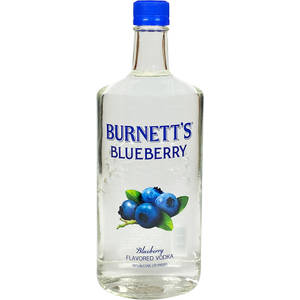 一瓶Burnett's藍莓味伏特加，帶有藍色瓶蓋和藍莓圖案。
