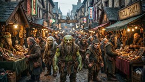 巨魔在發光的霓虹燈招牌下於熱鬧的奇幻市場購物。