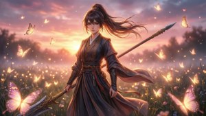 一位手持長矛的女戰士站在夕陽下閃爍蝴蝶的田野中。