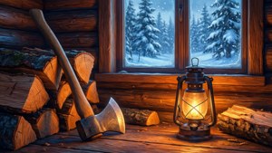 溫暖的燈籠和斧頭在雪夜的小屋中放在木柴旁。