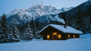 舒適的木屋，在雪白的冬季森林中，靠近雪山，有溫暖的燈光