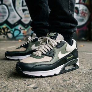 橄欖綠、黑色和米色Nike Air Max 90運動鞋在塗鴉牆附近的混凝土上。