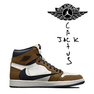 Air Jordan 1 Cactus Jack 運動鞋，棕色、白色和黑色，帶有標誌。