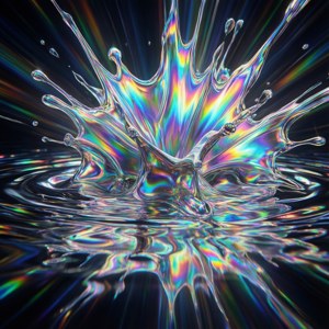 彩虹色液體噴濺，帶有完美倒影，深色背景 — Galaxy Watch 壁紙