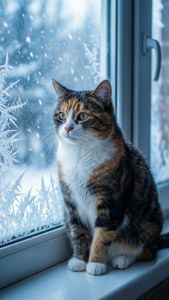 三色貓透過結霜的窗戶看雪飄落