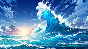 高聳的藍色波浪在帶有散雲和陽光的日落天空下破碎。