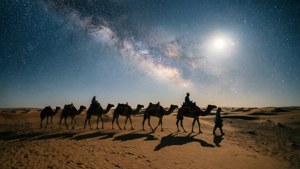 駱駝和騎手在星空夜空下穿越沙漠沙丘，伴隨著明亮的月亮。